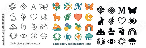 Embroidery design motifs icons set – flat, needlework and stitching symbols