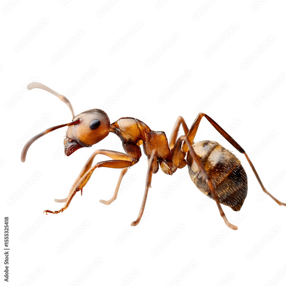 Brown ant walking forward, detailed segmentation and leg positioning, soft ground shadow added, white-to-transparent background, sharp macro detail for commercial stock use Brown ant walking forward, detailed segmentation and leg positioning, soft ground shadow added, white-to-transparent background, sharp macro detail for commercial stock use