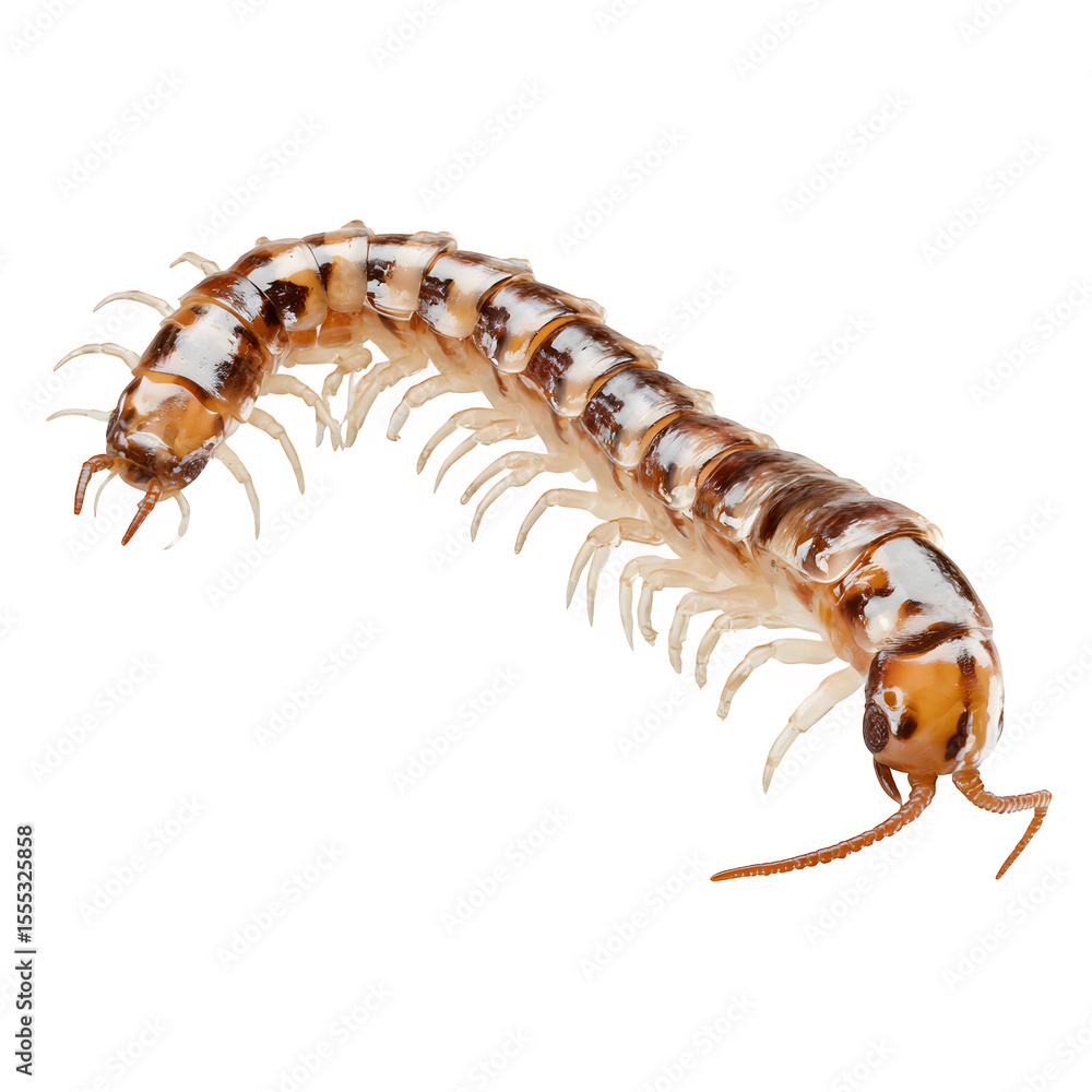 Fototapeta premium Centipede crawling, segmented shiny body, natural earthy color tones, isolated macro style, 8K transparent background.
