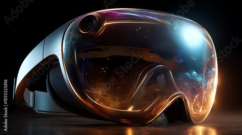 Futuristic virtual reality glasses displaying a galaxy within its lenses