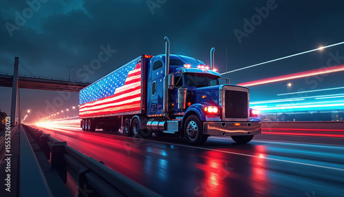 American semi-truck with US flag drives on highway. Night road, motion blur. Freight transportation logistic concept. Heavy vehicle, interstate trucking, shipping, delivery, trailer. Fast speed