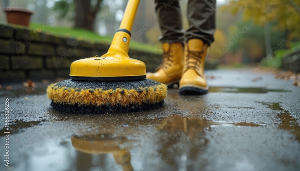Scrubber machine cleans lichen-covered cement surface. Outdoor cleaning machine removes moss, lichen. Preserve, restore. Equipment in use, maintain hard-wearing concrete or stone patio or driveway. Scrubber machine cleans lichen-covered cement surface. Outdoor cleaning machine removes moss, lichen. Preserve, restore. Equipment in use, maintain hard-wearing concrete or stone patio or driveway.