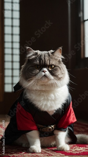 Samurai Cat Portrait in Armor and Red Cape