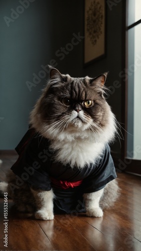 Samurai Cat Portrait in Armor and Red Cape
