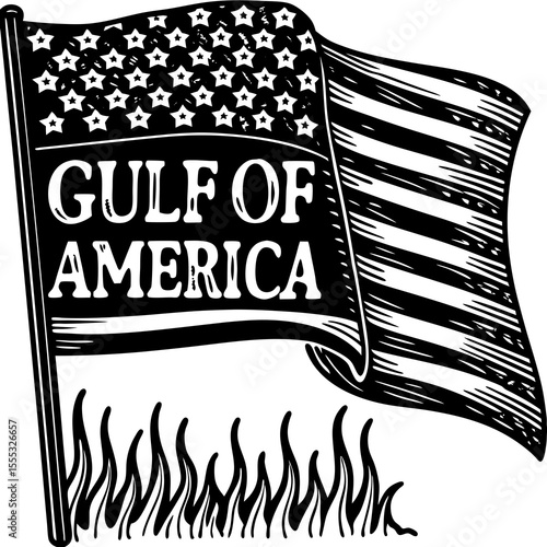 Gulf of America: Waving US Flag with Flames and Text Overlay