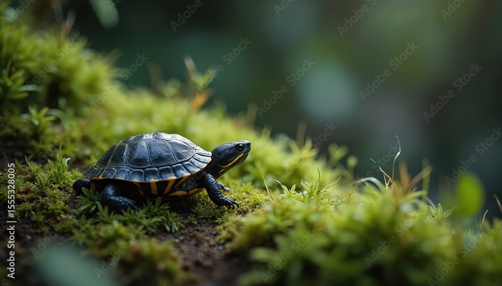Fototapeta premium Baby turtle on green moss in nature, showing aquatic life. Turtle shell, reptile. Close up shot, vibrant colors. Environmental, conservation photo for eco-friendly projects, education.