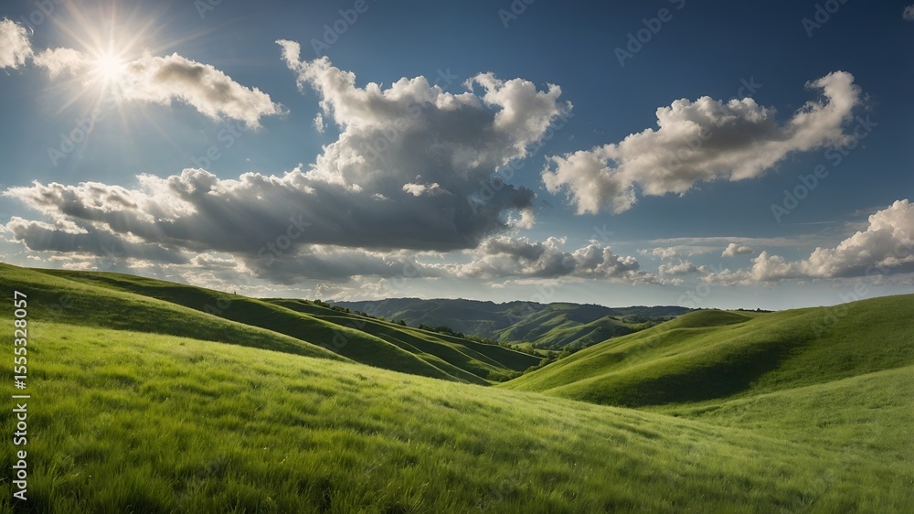 Fototapeta premium Natural beauty: rolling hills, rich grass texture, bathed in sunlight and shadow. Breathtaking.