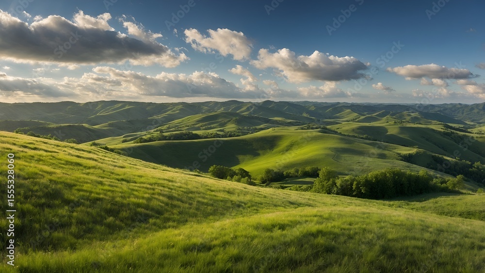 Fototapeta premium Expansive pastoral landscape: rolling green hills with sunlight creating a play of light and shadow