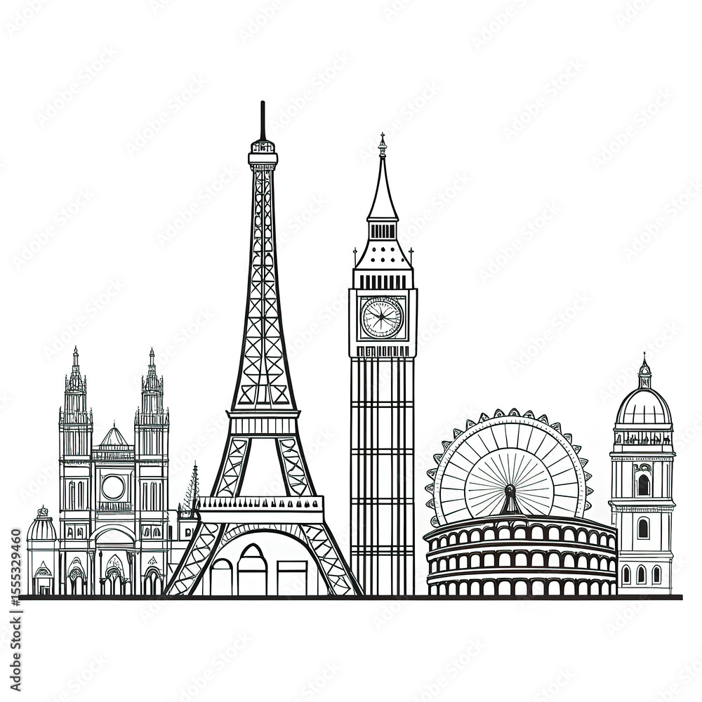 Fototapeta premium Black and White Line Art Skyline of European Cities - Travel Landmark Illustration