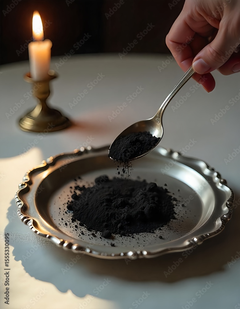 Close-up of an antique silver spoon dispensing black gunpowder onto a silver platter, the scene illuminated by a single candle, casting long shadows across a white linen tablecloth. Close-up of an antique silver spoon dispensing black gunpowder onto a silver platter, the scene illuminated by a single candle, casting long shadows across a white linen tablecloth.