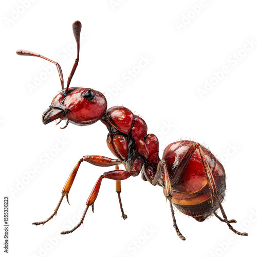Realistic fire ant from side, detailed body joints and glossy red tone, antennae raised forward, clean studio lighting, isolated 8K PNG