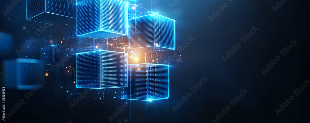 Fototapeta premium Digital cubes with glowing blue edges float in dark space, creating futuristic and technological atmosphere. scene evokes sense of innovation and digital advancement