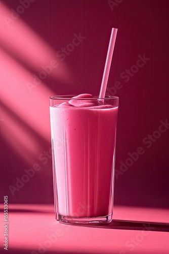 Wallpaper Mural Pink smoothie in glass with straw against a vibrant magenta background, sunlit Torontodigital.ca