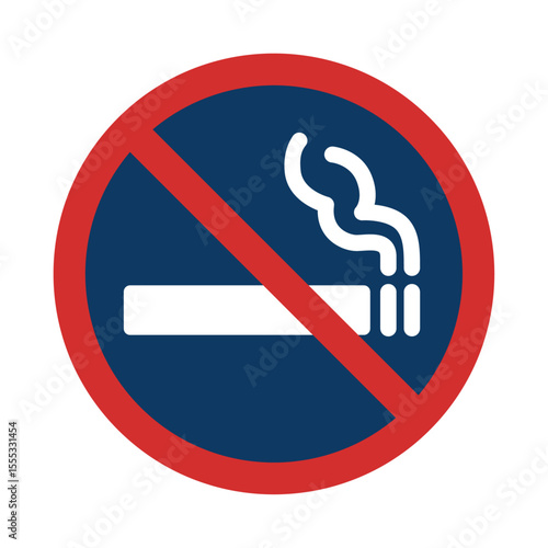 No smoking allowed sign – red circle with diagonal line over white cigarette icon with smoke on dark blue background indicating smoking restriction