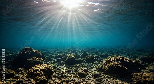 Sunlight streams through clear blue water illuminating a rocky ocean floor, creating a serene underwater landscape.