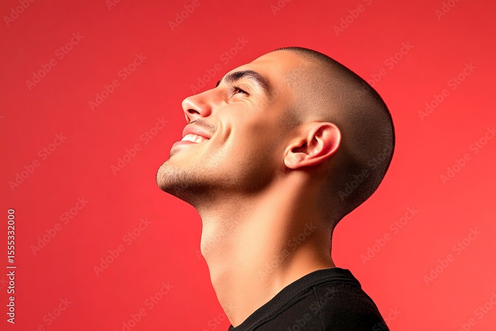 Chic men's buzz cut haircut - midlife white man with hair. Idea of style for aging men. A happy man in a studio photo. A middle-aged man looking happy and relaxed. Red solid background. Chic men's buzz cut haircut - midlife white man with hair. Idea of style for aging men. A happy man in a studio photo. A middle-aged man looking happy and relaxed. Red solid background.