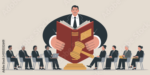 chairman presenting law book to the board of directors, vector illustration for corporate governance, board meetings and legal company policy