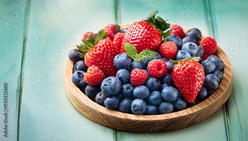 Wallpaper Mural delicious fresh berries blueberries raspberries and strawberries in a wooden dish Torontodigital.ca