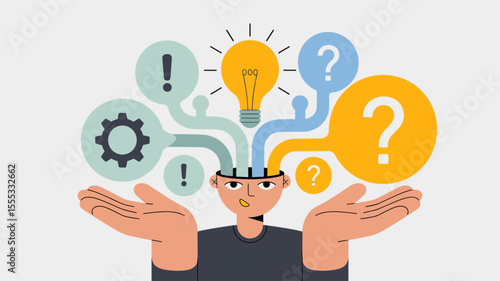 person's head with flowing ideas, questions and solutions, vector illustration for creative thinking, brainstorming process and complex problem solving