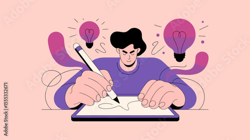 focused creative freelancer drawing on a tablet with ideas, vector illustration for a designer in flow state, digital art creation and content development