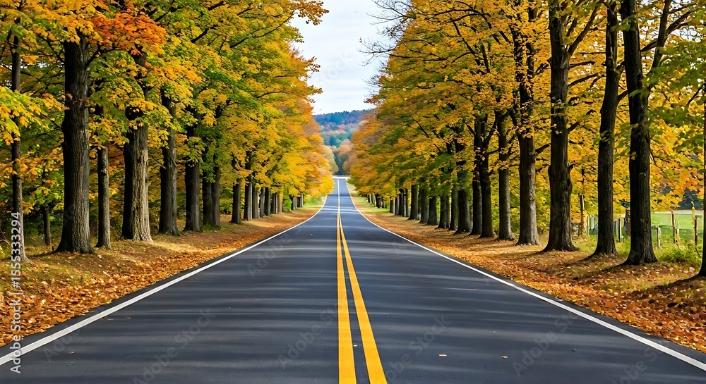 Obraz premium Autumn Road: A picturesque drive through a tunnel of golden trees on a crisp fall day.