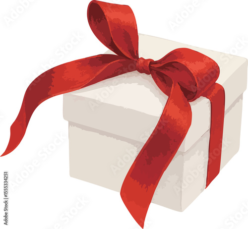 A watercolor-style illustration of a white gift box tied with a bold red ribbon