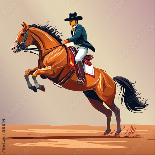 A bold vector of a cowboy mid-jump on a strong rodeo horse, wearing colorful western clothes, hat blowing back, captured in motion against a bright, minimal background.