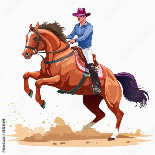 A bold vector of a cowboy mid-jump on a strong rodeo horse, wearing colorful western clothes, hat blowing back, captured in motion against a bright, minimal background.