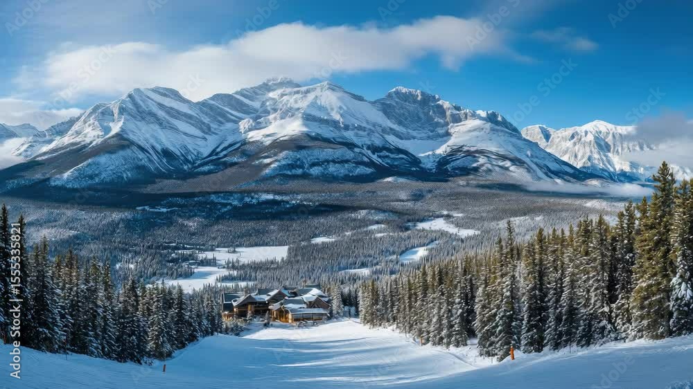 Panoramic view of snow-capped mountain peaks, ski resort lodge nestled in the alpine forest, winter sports destination with slopes and trails for hikers and skiers. Panoramic view of snow-capped mountain peaks, ski resort lodge nestled in the alpine forest, winter sports destination with slopes and trails for hikers and skiers.