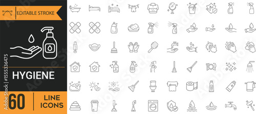 Collection Of Modern Editable Thin Stroke Line Style Hygiene Icons Set Related Cleaning, Disinfection, Soap, Bathing, Sweep, Shower, Washing Hands, Clean And Sanitation Vector Illustration