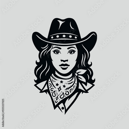 Beautiful young cowgirl in traditional clothing. Retro vector illustration suitable as a logo, for textile printing or advertising of all kinds.