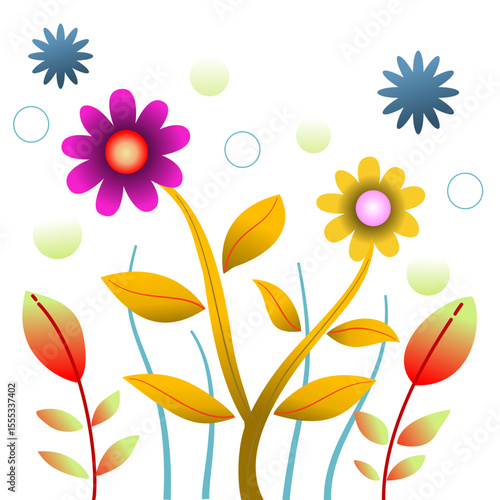 Vivid abstract floral depiction with vibrant flowers, leaves, and geometric designs, emanating a cheerful mood.