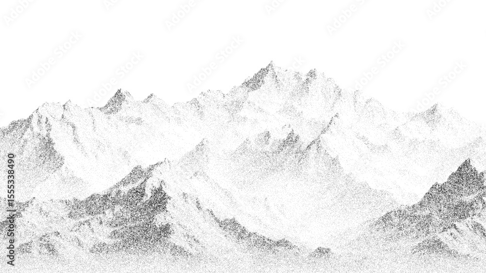 Obraz premium Mountain range silhouette created with dot stipple technique. Vector drawing of peak landscape. Illustration for nature or travel concept.
