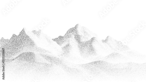 Mountain peaks dot stipple silhouette vector art in black and white graphic design. Abstract landscape for nature concept.