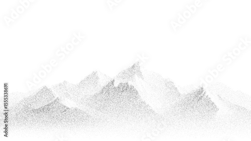 Black and white mountain range silhouette made of dots. Abstract stipple art of mountain peaks for nature design background.