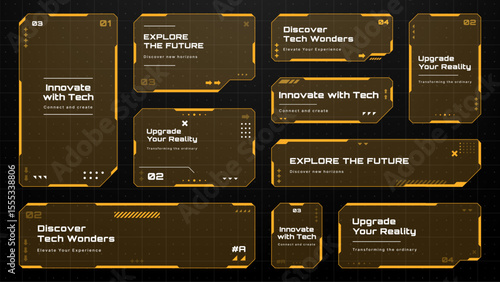 Futuristic HUD text box frame vector elements with orange glow for technology presentations and game user interfaces.