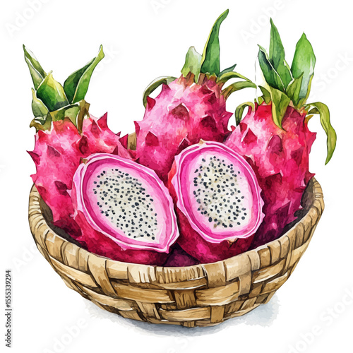 watercolor vector of Pitaya Fruit Basket, isolated on a white background.
