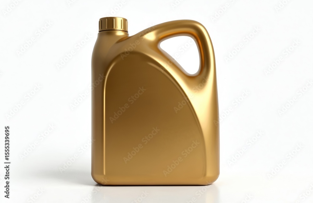 Obraz premium Gold plastic engine oil container, white background. Oil can with handle, cap. Auto motor care, lubricant, fuel, automotive industry, car service. Gasoline fuel container, auto parts.