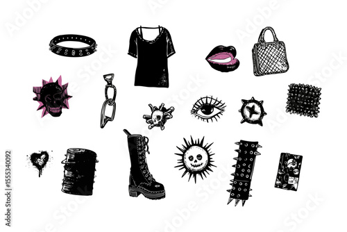  Alternative fashion accessories vector icon set with punk rock elements like chokers, spikes, chains, and boots in black and pink grunge doodle style. Perfect for youth branding and subculture merch