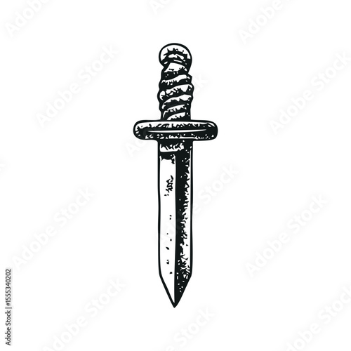 Vintage hand-drawn dagger icon in black monochrome etching style. Medieval weapon illustration for fantasy role-playing games, historical literature, tattoo designs, and gothic subculture branding
