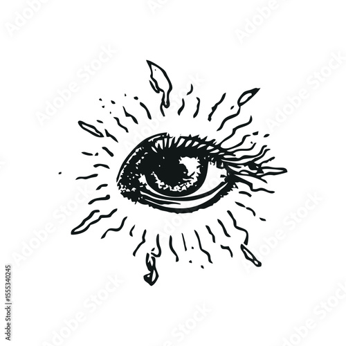 Mystical eye with abstract rays in hand drawn surrealistic ink style, boho spiritual sketch symbolizing vision, intuition, and emotion for tattoo design, astrology blog, or esoteric product branding
