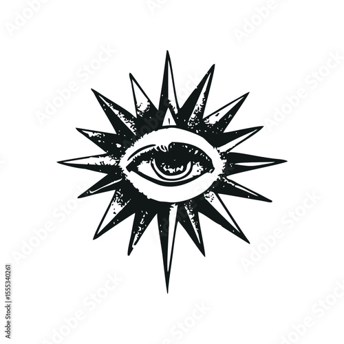 All-seeing eye tattoo doodle with radiating sun beams in mystical folk style, tribal design illustration for spiritual projects, vintage tarot, boho branding or celestial decor in black ink