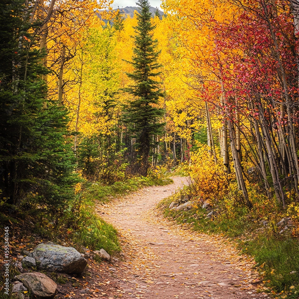 Fototapeta premium Autumn trail winding through colorful forest trees