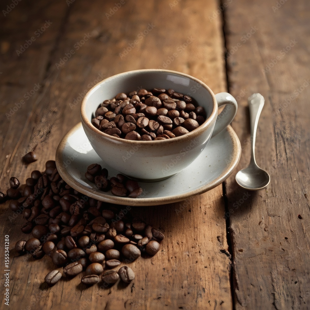 Fototapeta premium Serene Morning Coffee Ritual with Fresh Beans and Steaming Cup