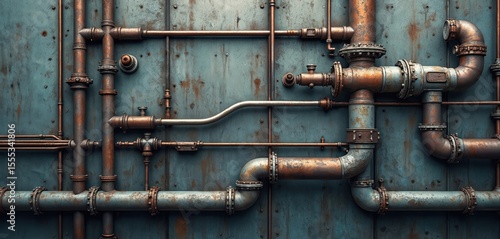 Close-up of weathered metal wall. Complex network of pipes, wires. Rusted surface shows wear, industrial design. Grunge texture evokes retro, steampunk feeling. Engineering tech, science fiction.
