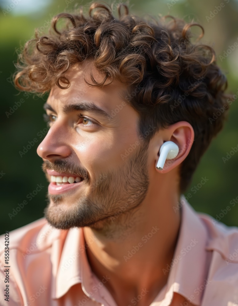 Obraz premium Young man enjoys music, wearing. Close-up of face, ear, wireless earbuds. Listening in nature. Happy, cheerful expression with positive emotions, listening favorite song with bluetooth connection.