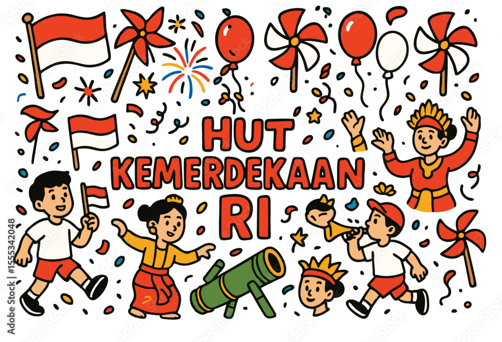 Fototapeta premium Colorful Doodle Vector of Indonesia Independence Day Celebration with Kids, Flag, Garuda, and Festive Elements