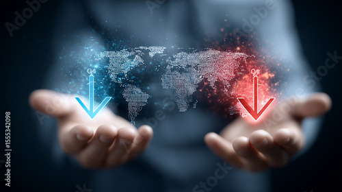 A hand holding Holographic World Map, showing economic conditions of world on map, Comparing different regions, 