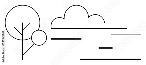 Abstract tree and cloud design with horizontal lines portraying wind or horizon. Ideal for nature, eco, simplicity branding, modern layouts, environment, weather, clean design, simple landing page