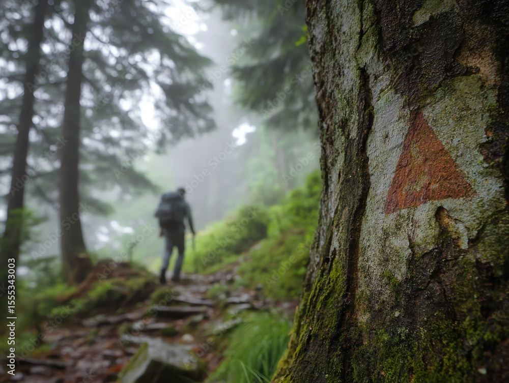 Hiking trail marked in woodland with blurred figure Hiking trail marked in woodland with blurred figure